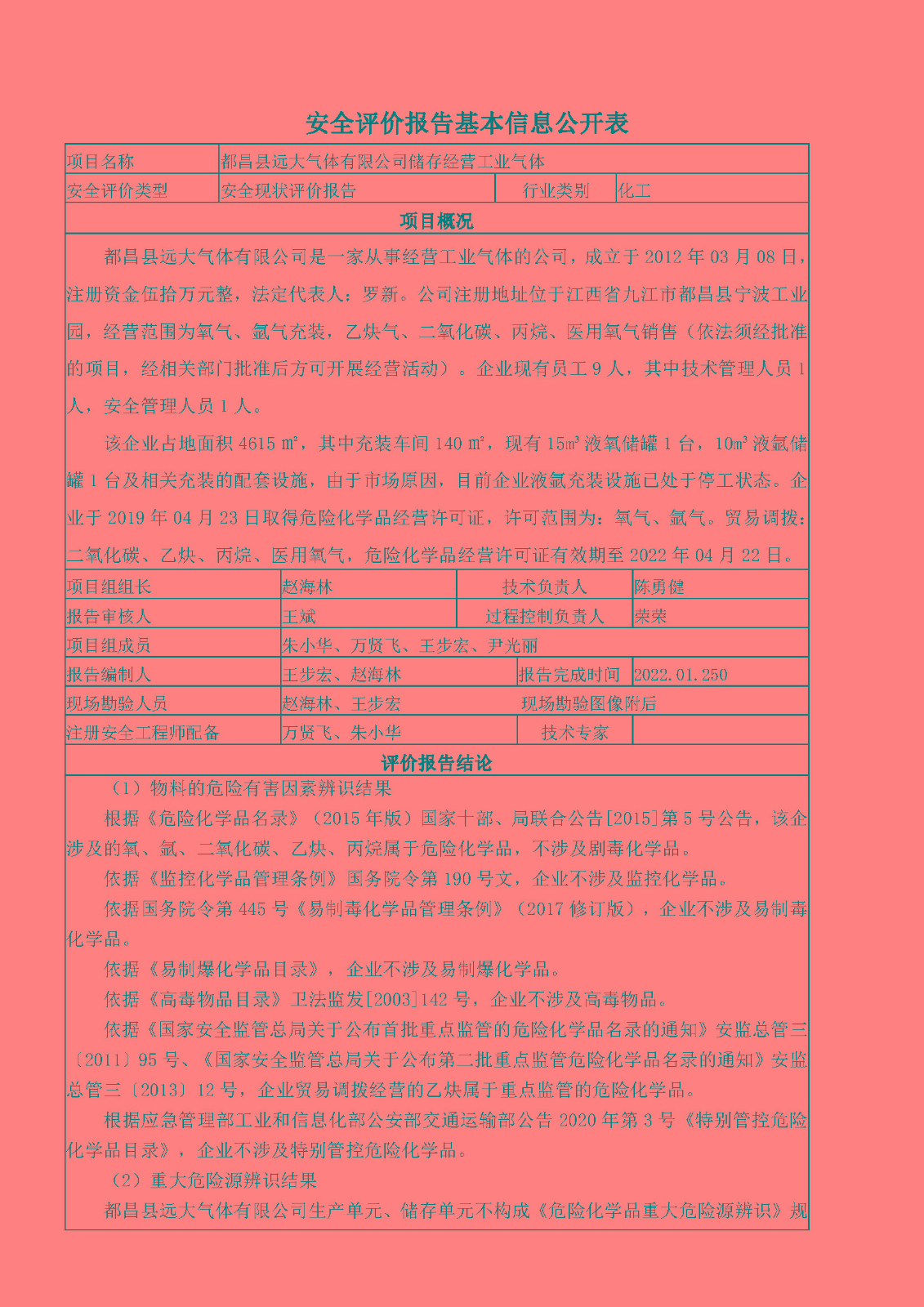 安全評價報告基本信息公開表（都昌遠大氣體）