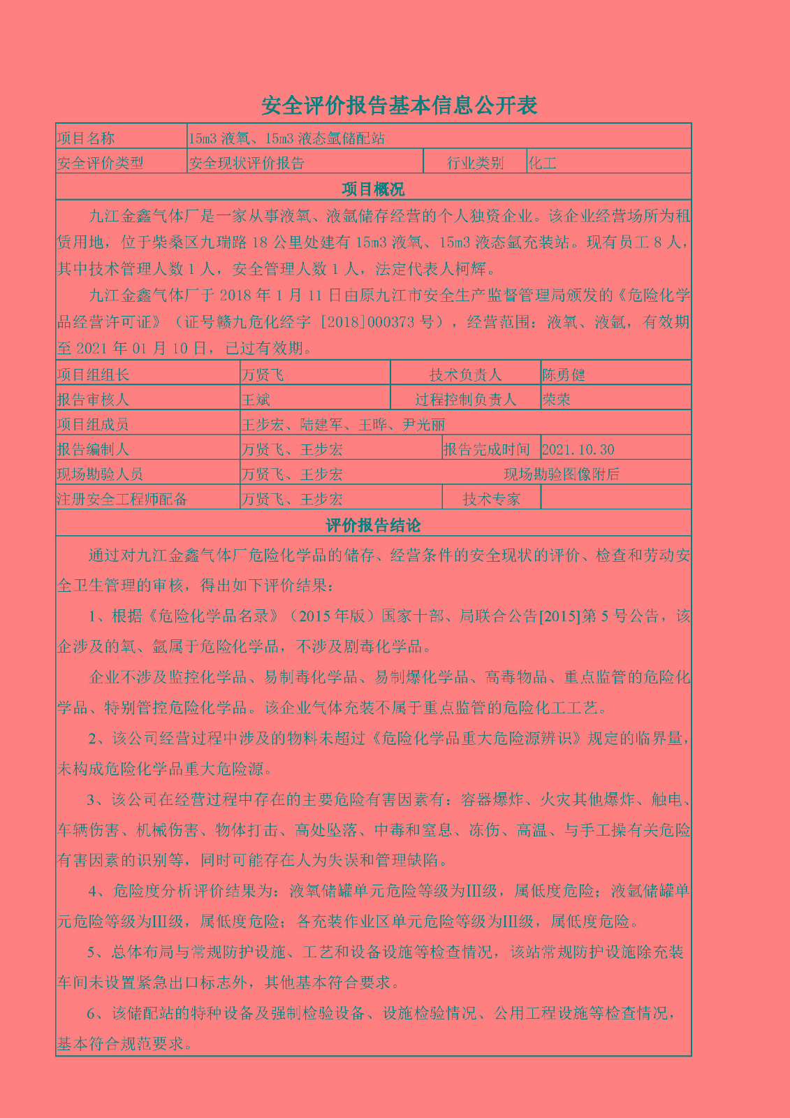 安全評價報告基本信息公開表（九江縣金鑫氣體廠）