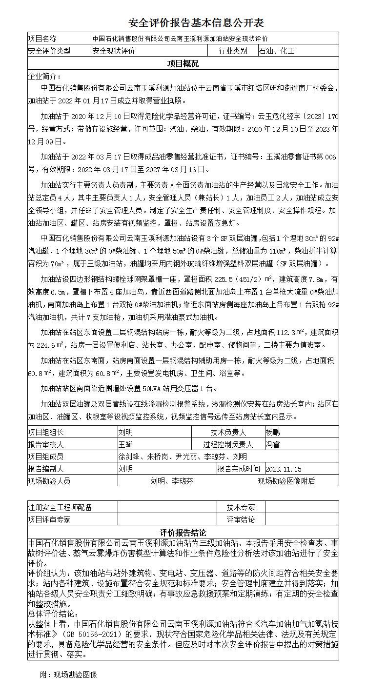 安全評價報告基本信息公開表利源